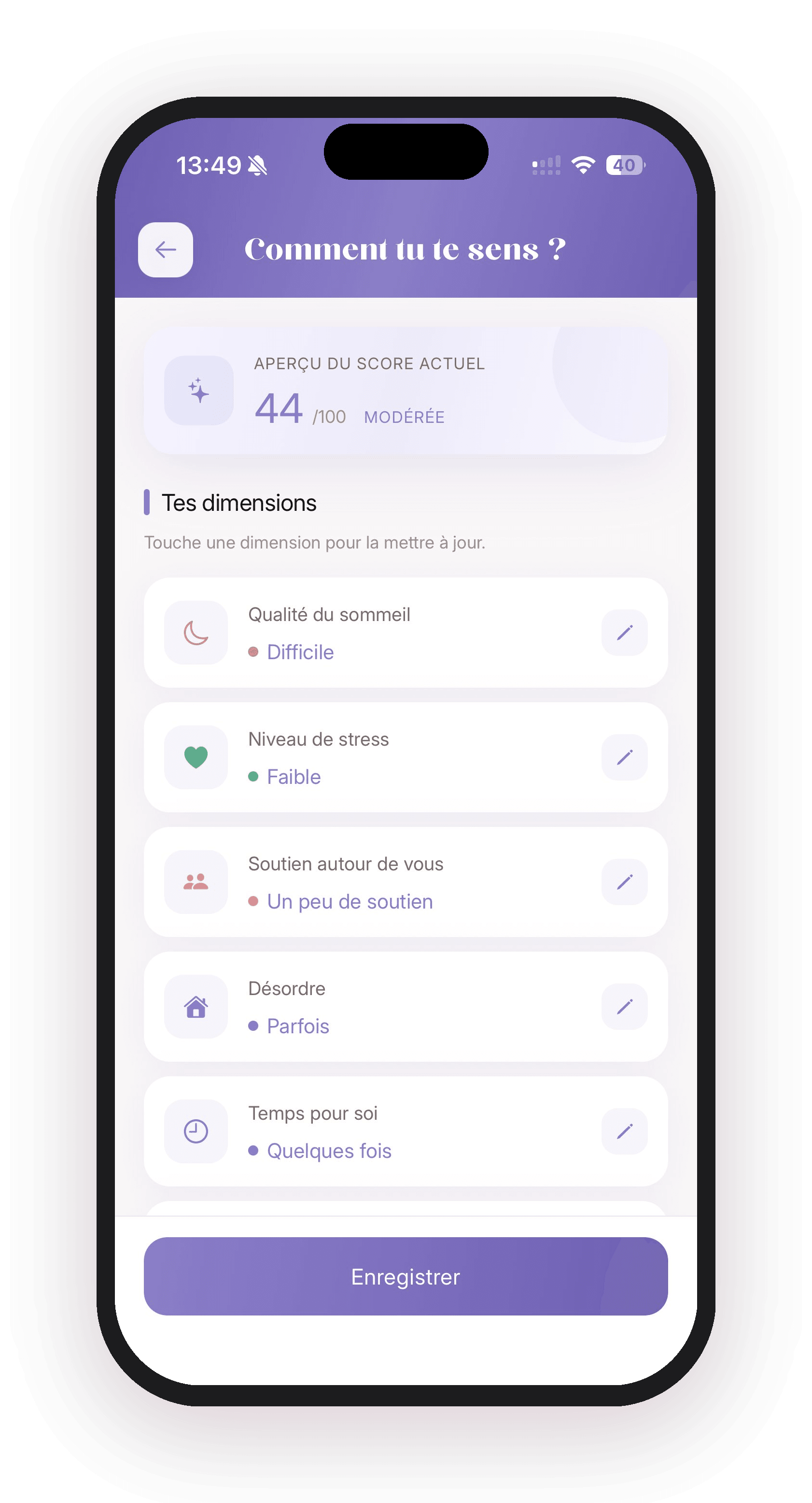 Écran de check-in charge mentale